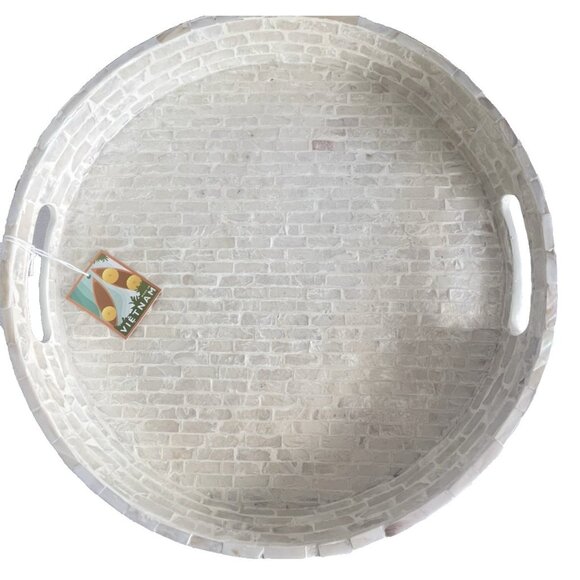 Round Mother Of Pearl Tray White Capiz Shell 16" D Ivory White Elegant Beautiful - Picture 3 of 11